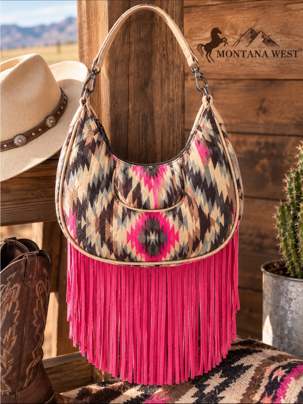 Montana West Pink Aztec Fringe Shoulder Bag